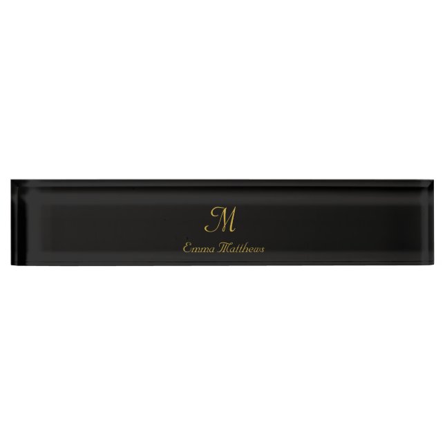 Monogram Elegant Black & Gold Script Name  Nameplate (Front)