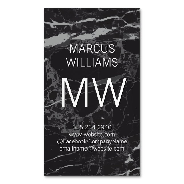 Monogram Elegant Black Marble Magnetic Business Card (Front Vertical)