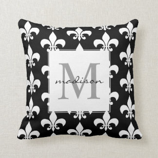 Monogram Elegant Black White Fleur de lis Pattern Cushion
