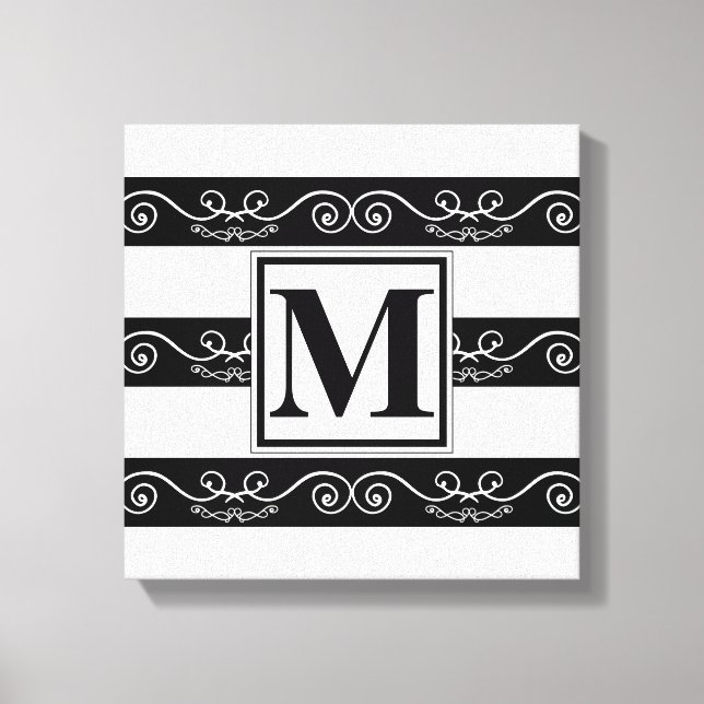 Monogram elegant Black White striped design Canvas Print (Front)