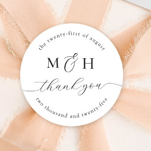Monogram Elegant Black White Thank you Wedding Classic Round Sticker