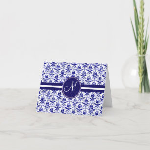 Monogram Elegant Blue and White Damask Pattern Note Card