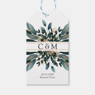 Monogram Elegant Blue Gold (Imitat) Botanical   Gift Tags