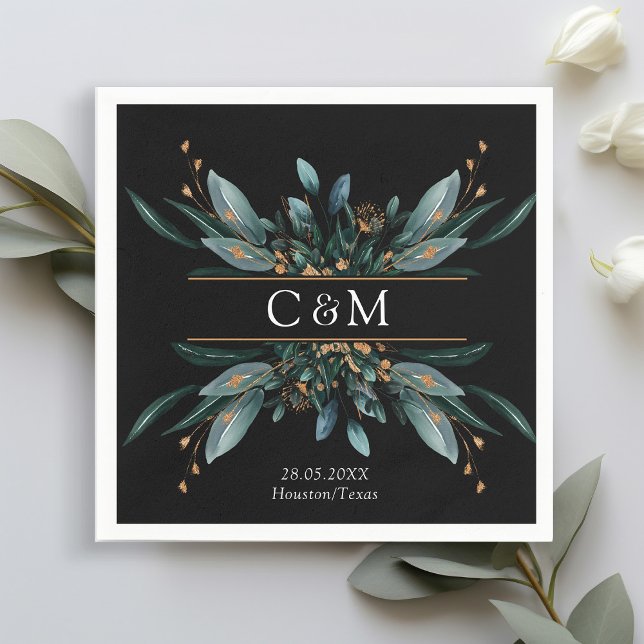 Monogram Elegant Blue Gold (Imitat) Botanical Napk Napkin (Creator Uploaded)