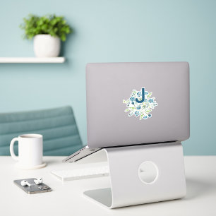 Monogram Elegant Blue Green Watercolor Flowers