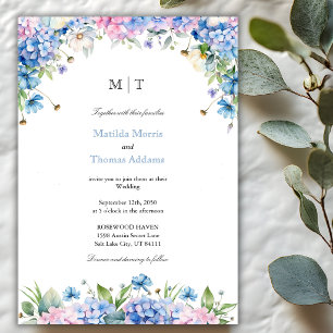 Monogram Elegant Blue Hydrangea Border Wedding Invitation