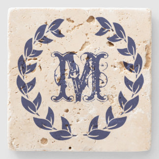 Monogram Elegant Blue Wreath Stone Coaster