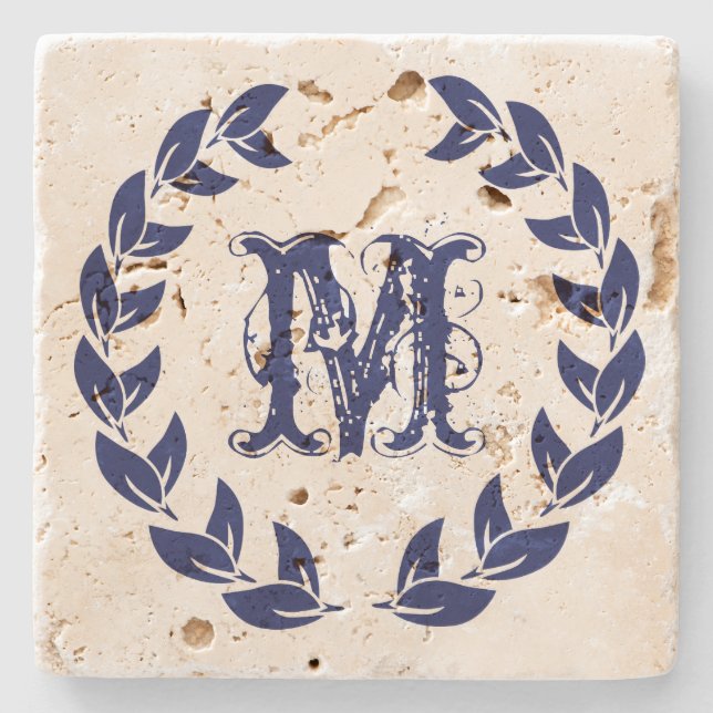 Monogram Elegant Blue Wreath Stone Coaster (Front)