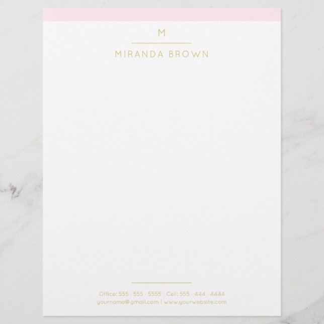 Monogram Elegant Blush Pink Gold Minimalist Classy Custom Letterhead (Front)