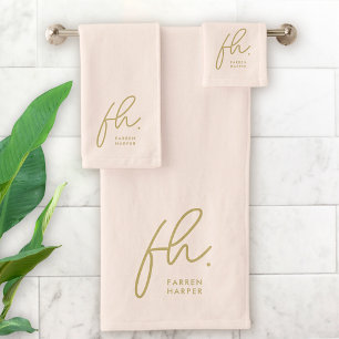 Monogram Elegant Blush Pink Gold Script Stylish  Bath Towel Set