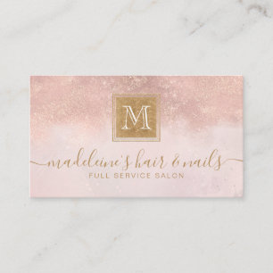 Monogram Elegant Blush Rose Gold Glitter Salon Business Card