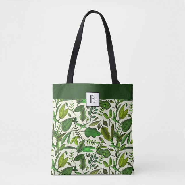 Monogram Elegant Botanical Green Leaves Pattern Tote Bag (Front)