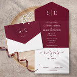 Monogram Elegant Burgundy And Gold Wedding All In One Invitation<br><div class="desc">This chic minimalist all-in-one wedding invitation can be personalised with your monogram initials and wedding day information on a burgundy background. The invitation includes a perforated RSVP card that can be individually addressed or left blank for you to handwrite your guest's address details. Designed by Thisisnotme©</div>