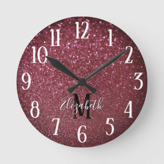 Monogram Elegant Burgundy Faux Bokeh Glitter Round Clock