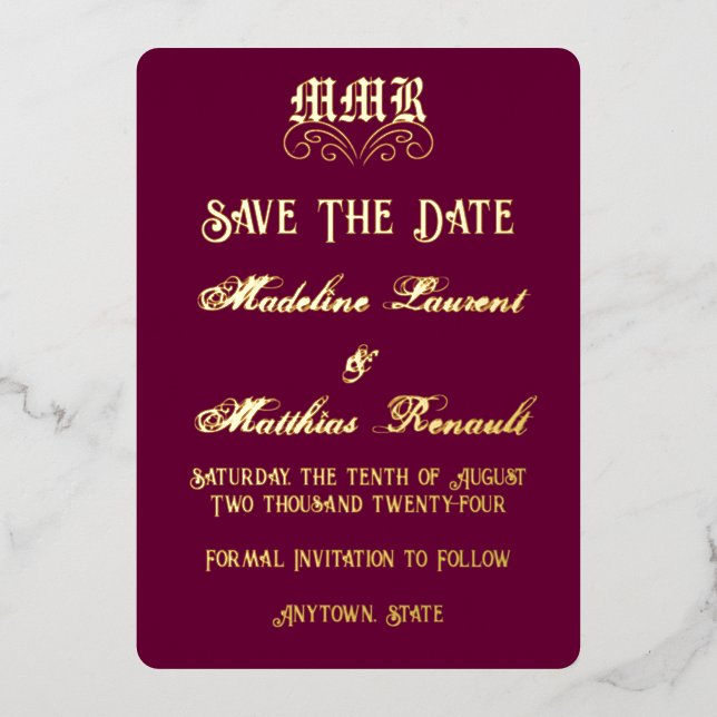 Monogram Elegant Burgundy & Gold Save the Date (Front)