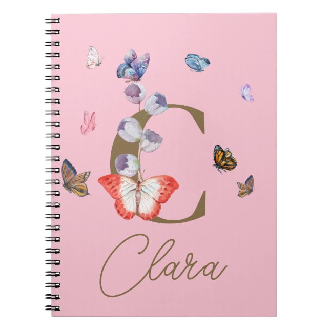 Monogram Elegant Butterfly Colourful Floral Notebook (Front)