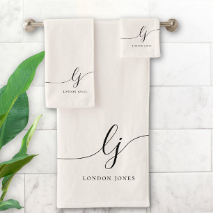 Monogram Elegant Calligraphy Minimal Neutral Bath Towel Set