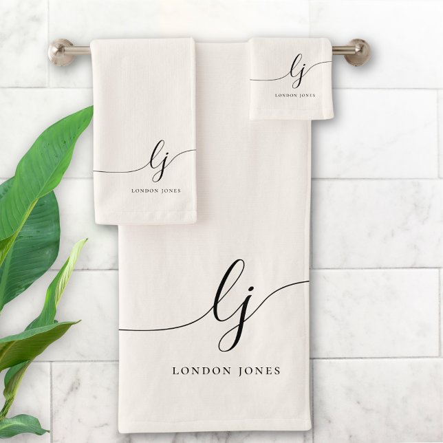 Monogram Elegant Calligraphy Minimal Neutral Bath Towel Set (Creator Uploaded)