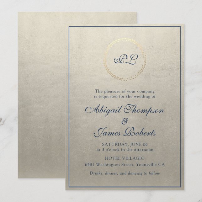 Monogram Elegant Champagne and Navy Blue Wedding Invitation (Front/Back)