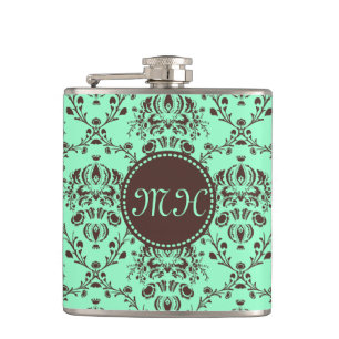 Monogram Elegant Chocolate Brown Damask Mint Green Hip Flask