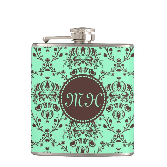 Monogram Elegant Chocolate Brown Damask Mint Green Hip Flask (Front)