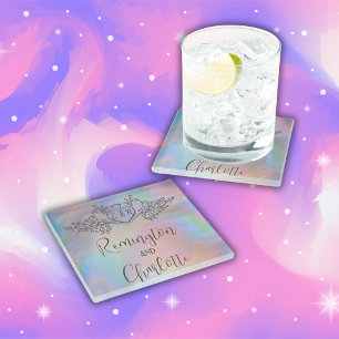 Monogram Elegant colourful Mother-of-Pearl  Weddin Glass Coaster