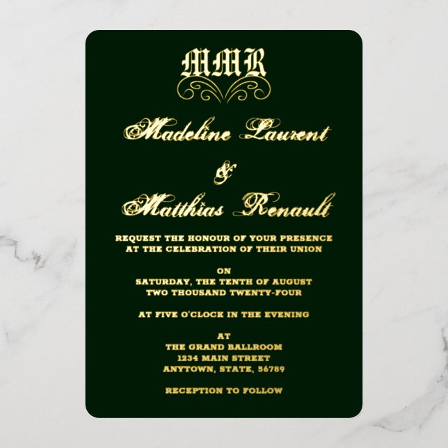 Monogram Elegant Dark Green and Gold Wedding  (Front)