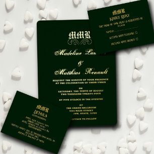 Monogram Elegant Dark Green & Gold Detail QR code Enclosure Card