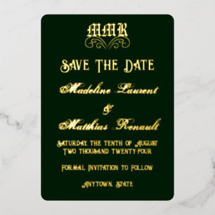 Monogram Elegant Dark Green & Gold Save the Date