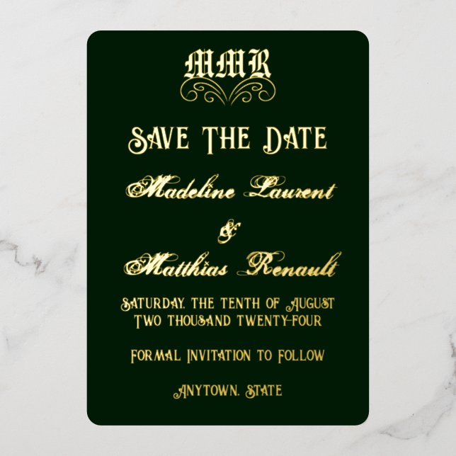 Monogram Elegant Dark Green & Gold Save the Date (Front)