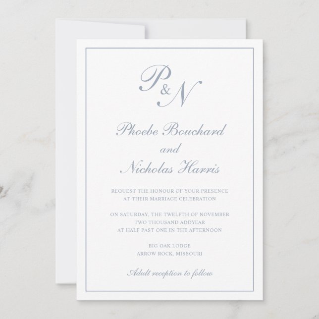 Monogram Elegant Dusty Blue All In One Wedding Invitation (Front)