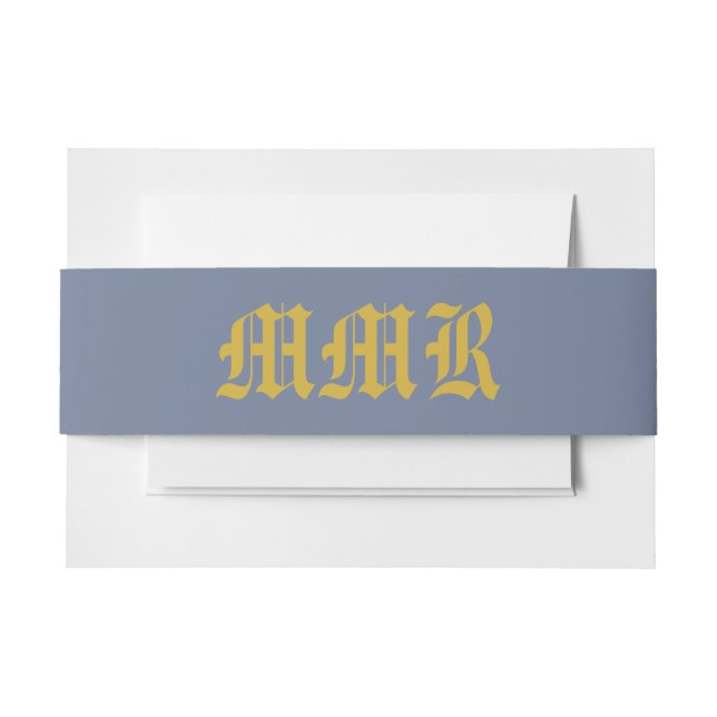 Monogram Elegant Dusty Blue and Gold  Invitation Belly Band (Front Example)