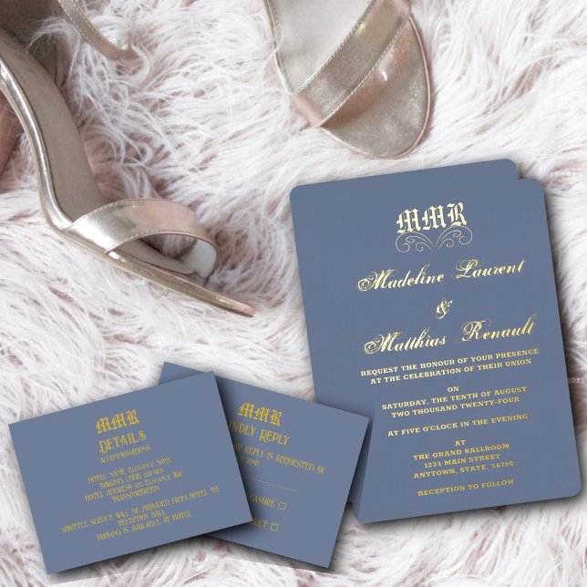 Monogram Elegant Dusty Blue and Gold Wedding  (Creator Uploaded)