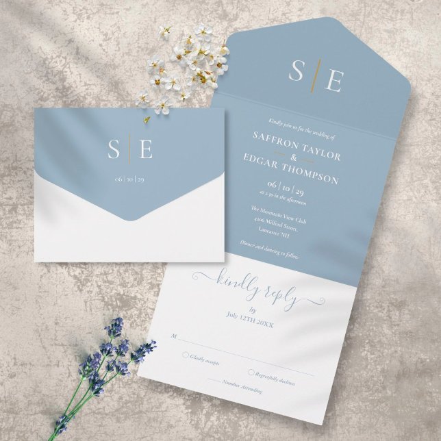 Monogram Elegant Dusty Blue And Gold Wedding All In One Invitation (Creator Uploaded)