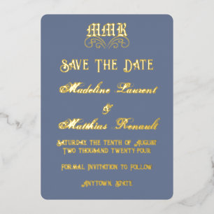 Monogram Elegant Dusty Blue & Gold Save the Date