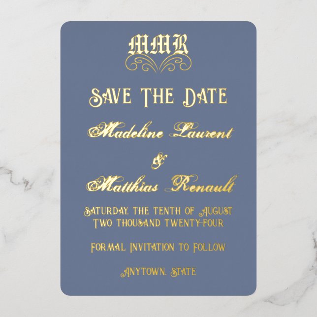 Monogram Elegant Dusty Blue & Gold Save the Date (Front)