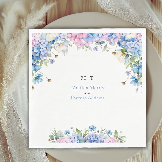 Monogram Elegant Dusty Blue Hydrangea Wedding Napkin (Creator Uploaded)