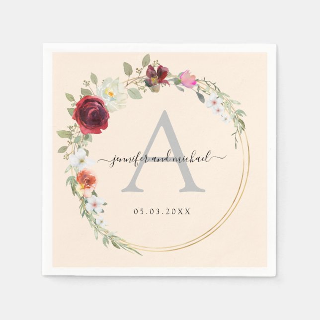 Monogram, elegant eucalyptus flower wedding  napkin (Front)