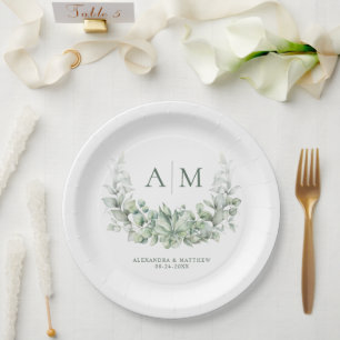 Monogram Elegant Eucalyptus Greenery Wedding Paper Plate