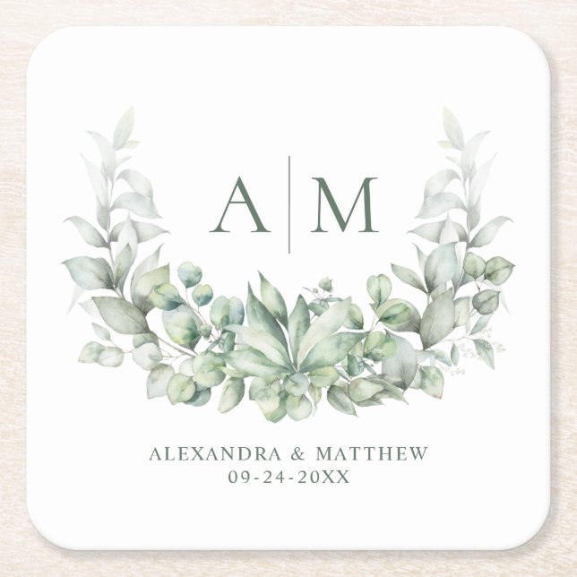 Monogram Elegant Eucalyptus Greenery Wedding Square Paper Coaster (Front)