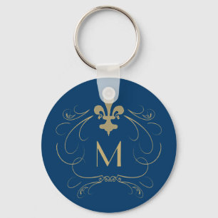 Monogram Elegant Fleur de Lis Blue Gold Key Ring