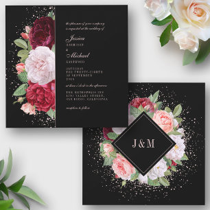 Monogram Elegant Floral Burgundy Black Wedding Invitation