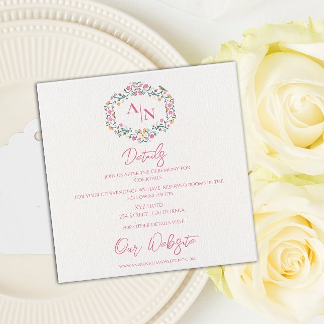 Monogram Elegant Floral Frame Wedding Details Enclosure Card (Monogram Elegant Floral Frame Wedding Details Enclosure Card)