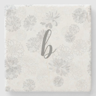 Monogram Elegant Floral Grey Stone Coaster