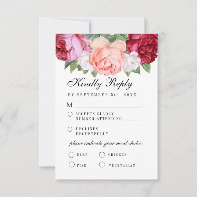 Monogram Elegant Floral Pink Burgundy Meal Choice RSVP Card (Front)