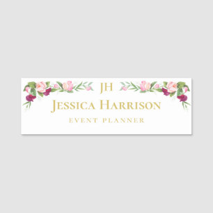 Monogram Elegant Floral Purple Pink Event Planner Name Tag