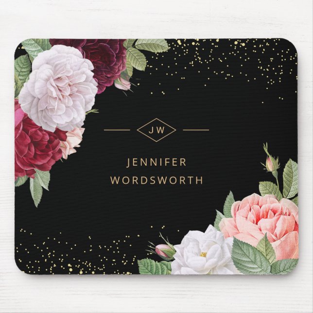 Monogram Elegant Floral Rose Pink Burgundy Black Mouse Mat (Front)