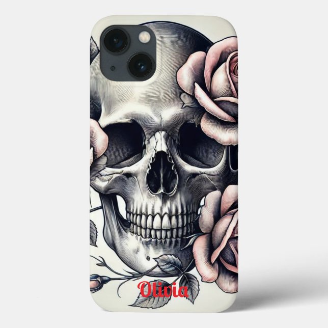 Monogram Elegant Floral Skeleton Skull Pink Roses Case-Mate iPhone Case (Back)