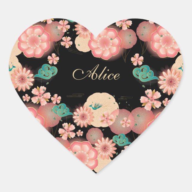 Monogram Elegant Floral Spring Peach Garden flower Heart Sticker (Front)