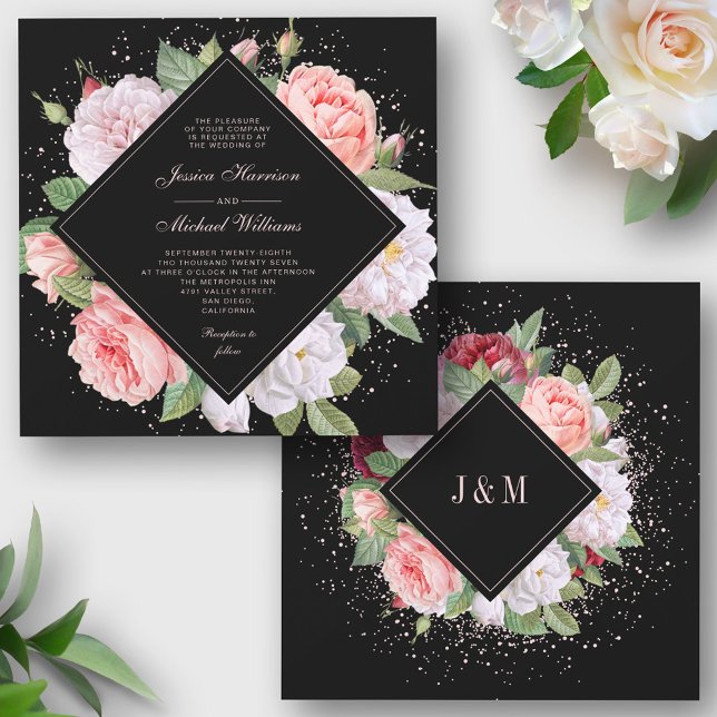 Monogram Elegant Floral White Pink Black Wedding Invitation (Creator Uploaded)